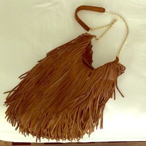 Genuine Leather Fringe Purse with Gold Chain Strap